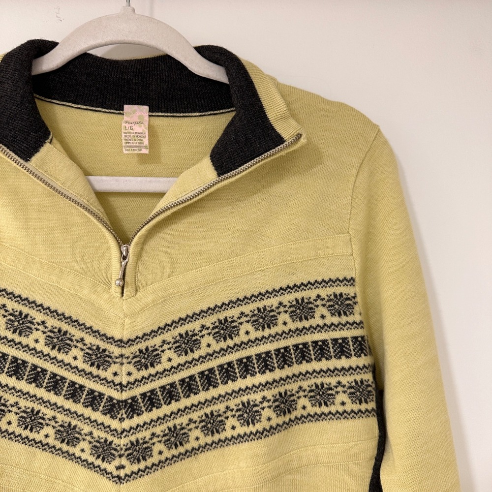 Free People Merino Wool Fair Isle Quarter Zip Sweater Womens Large Yellow Nordic - Picture 2 of 8